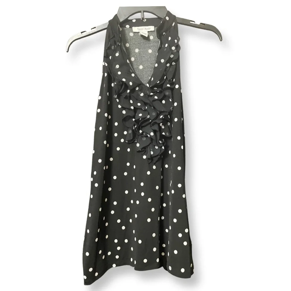 White House Black Market Womens  Blouse Dot V Neck Sleeveless Ruffle L